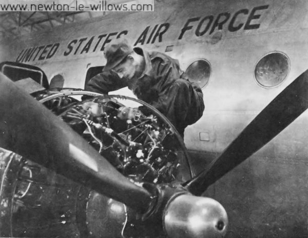 On the Job Which Keeps Him Three Thousand Miles From Home.. Burtonwood has been the chief U.S. maintenance base for Skymasters and other aircraft operating the Berlin air-lift. They fly from Germany to the vast Lancashire air-field for 200-hour inspections. And the G.I.s who live there have been sending the planes back serviced at the rate of seven a day.