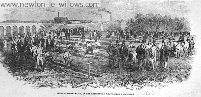 Scene of the Great Draining Match in 1853 on the Burtonwood Estate, with the chimneys of nearby Newton-le-Willows in the background. Courtesy of Warrington Reference Library.