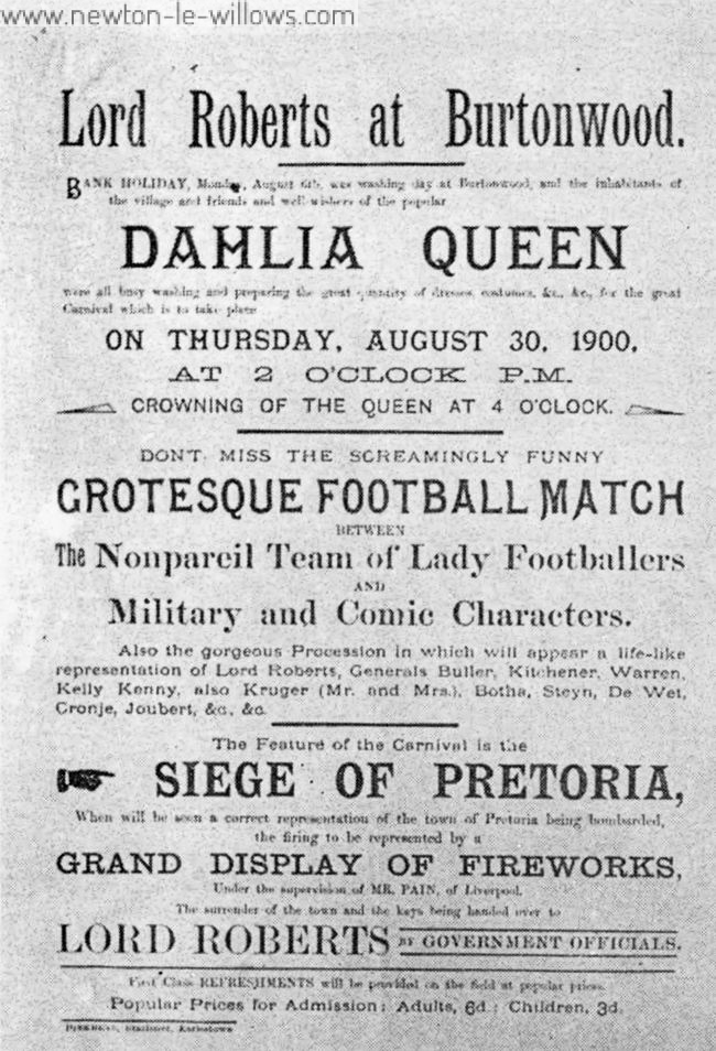 One of the big events in village life many years ago—the crowning of the Dahlia Queen. This poster, dated 1900, was on file at Warrington Reference Library.